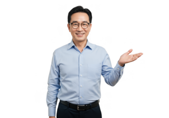 Asian man in glasses and blue shirt presenting something isolated on transparent background