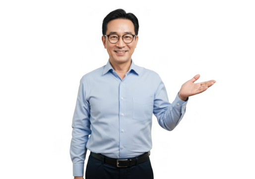 Asian man in glasses and blue shirt presenting something isolated on transparent background