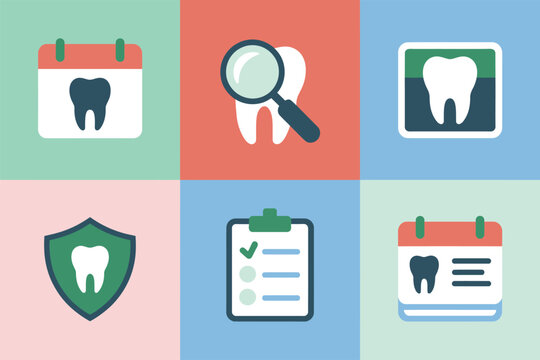 Pastel dental office tiles, appointment dates, magnifying search, tooth identity card, safety shield, medical clipboard, minimalist vector - Powered by Adobe