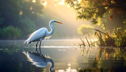 Great Egret Standing in Misty Morning Sunlight Reflected in Water.