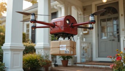 Delivery Drone carrying a package approaching a suburban house for delivery order