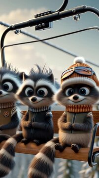 Tres mapaches disfrutando de un paseo en telesilla en un paisaje nevado.