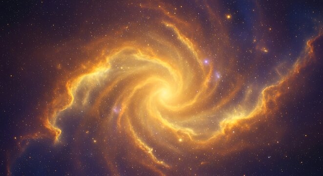 Stunning golden spiral galaxy glowing brightly against the dark, starfilled expanse of deep space