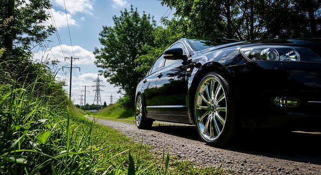 Glossy black sedan displaying stylish wheels on a rough road with electricity pylons in the background.