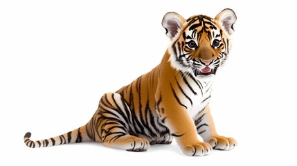 Fototapeta premium Adorable young feline predator sits with open mouth against a bright white background