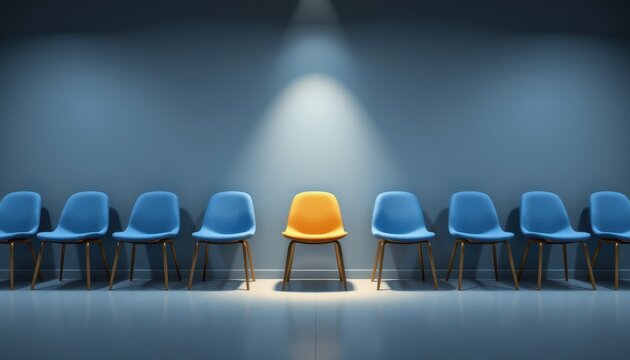 Bright Yellow Chair Among Blue Chairs in Modern Waiting Area with Soft Lighting