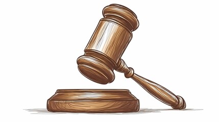 Wooden gavel suspended above sounding block in stylized sketch drawing