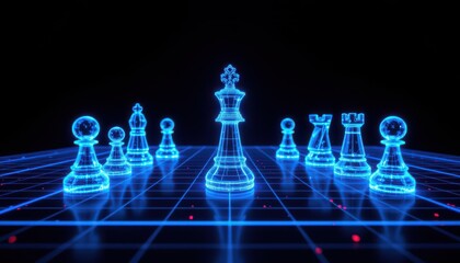Futuristic Digital Chessboard with Blue Wireframe Pieces in a Dark Environment for Strategy and Technology Themes