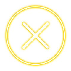 Obraz premium Cross mark button. Neon glowing yellow cross mark icon on a transparent background.
