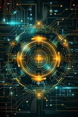 Obraz premium Futuristic Geometric Circuitry Design with Glowing Core and Intricate Digital Technology Interface