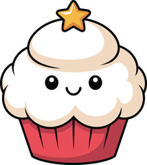 Cute kawaii cupcake illustration with smiling face and star topping, adorable dessert character design, sweet bakery cartoon vector art