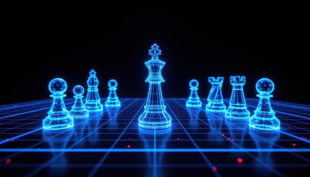 Futuristic Digital Chessboard with Blue Wireframe Pieces in a Dark Environment for Strategy and Technology Themes