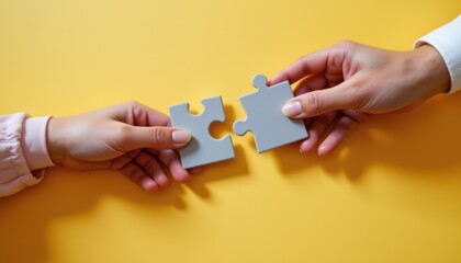 Two Hands Connecting Puzzle Pieces Highlighting Collaboration and Teamwork on a Bright Yellow Background