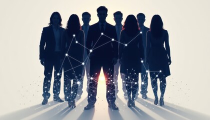 Diverse Group of Silhouetted Professionals Standing Together with Digital Connection Concept in the Background