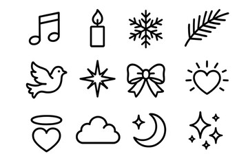 Joyful Icon Symphony. Joyful Voices linear icon set : music note, candle flame, snowflake, pine branch, dove, radiant star, ribbon bow, glowing heart, halo ring, soft cloud