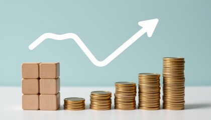 Growth Concept With Coins, Wooden Blocks And Arrow Illustrating Financial Success And Investment Strategy In Soft Color Background
