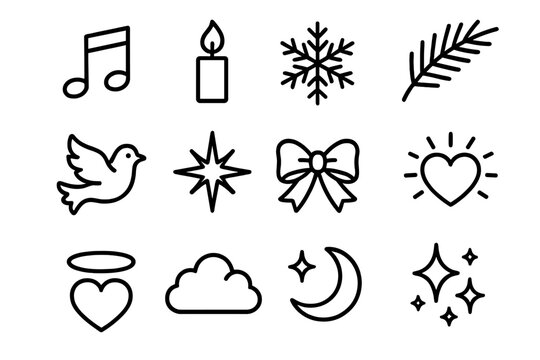 Joyful Icon Symphony. Joyful Voices linear icon set : music note, candle flame, snowflake, pine branch, dove, radiant star, ribbon bow, glowing heart, halo ring, soft cloud