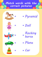 Match words and pictures children's toys preschool kid or toddler educational activity vibrant design