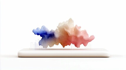 A colorful, abstract 3D shape resembling a topographic map or data visualization, displayed on a white platform against a white background.