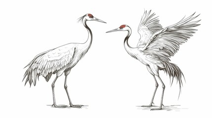 Fototapeta premium Detailed monochrome drawing depicts two majestic wading birds with striking red markings on their heads