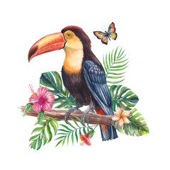 Watercolor illustration of a Toucan surrounded by tropical leaves and vibrant flowers. Hand-painted exotic composition perfect for summer designs, prints, packaging, and botanical projects.

