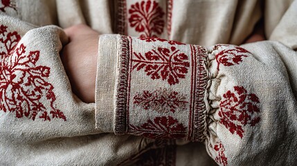 Close up of embroidered sleeves with hands folded showing intricate red floral designs on linen fabric