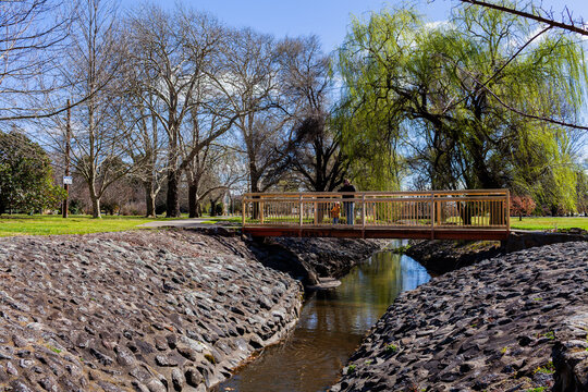 rocky ponds creek running through parkland in late winter with willow trees in budburst