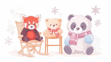 Obraz premium Three adorable stuffed animal toys featuring a red panda, a bear, and a panda sit among falling snowflakes