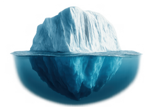 Iceberg floating in water showing the hidden dangers, global warming, and climate change concept with transparency