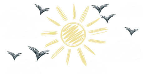 Hand drawn chalk style sunny sky illustration with bright yellow sun, flying black birds, and fluffy white clouds on blue background