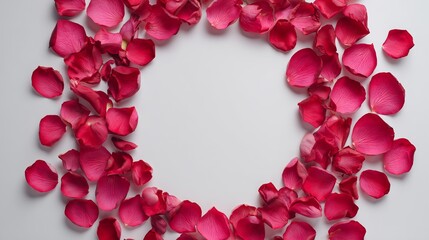 Obraz premium Circle Border Made of Deep Red Rose Petals on Solid White Background Top View with Copy Space for Wedding or Valentines Day