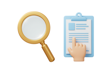 Golden magnifying glass over document on clipboard with pointing hand 3d render