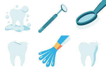 Dental hygiene instruments set, mouth mirror tool, interdental brush, water jet cleaning, sparkling tooth illustrations, professional care