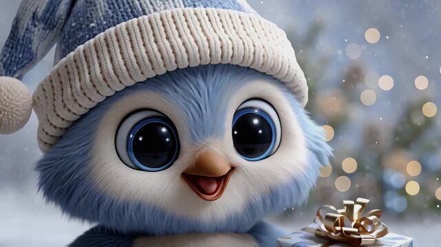 A Japanese kawaii Christmas penguin gives a beautiful gift. A soft pink and blue palette with snowflakes and delicate paper texture makes for a cozy, festive design.