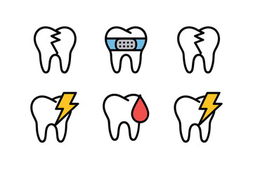Set of dental health icons, enamel pain lightning, bracket braces tooth, bleeding gum issue, modern minimal graphics