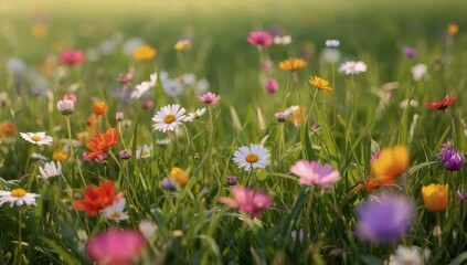 Obraz premium Colorful Wildflowers Bloom in a Sunny Meadow During Springtime Near a Forest Edge