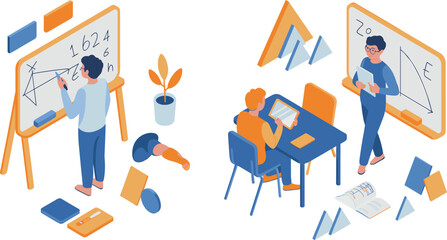 Isometric illustration of modern classroom with students studying mathematics, teacher teaching geometry on board, educational learning environment with school materials