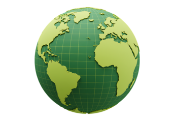 Green world globe on a black background showing continents and grid