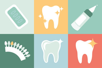 Cosmetic dentistry set, shade guide palette, sparkling tooth, whitening gel tube, bright smile care, restorative hygiene vector