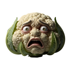 Distressed cauliflower cartoon character with expressive face showing fear and worry, great for healthy eating campaigns and fun food promotions