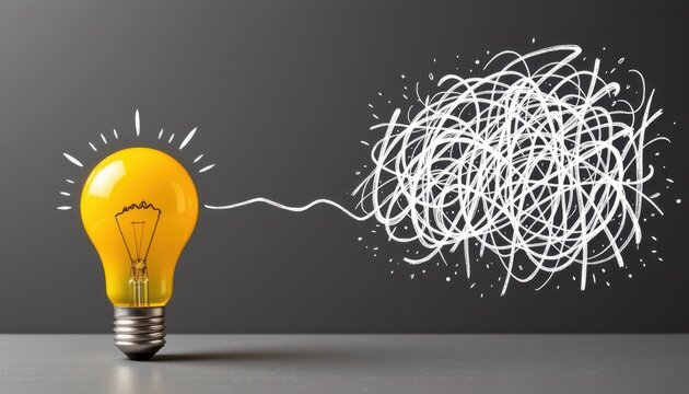 Bright Light Bulb Illustrating Creative Ideas with Abstract Scribbles in a Stylish Gray Background