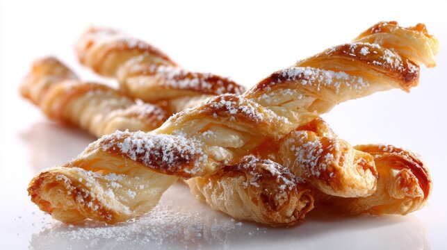 Golden pastry twists, light and flaky, are generously dusted with powdered sugar. Their delicate shapes invite anyone to indulge. Perfect for gatherings or a sweet treat