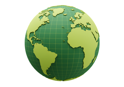 Green world globe on a black background showing continents and grid