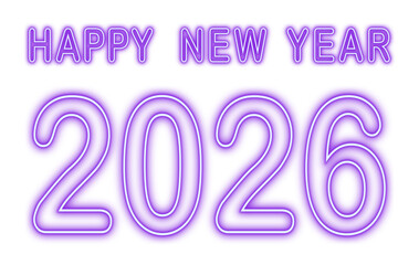 Happy New year 2026 neon violet lettering on transparent background. Vector illustration.