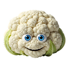 Delightful cartoon cauliflower character with big blue eyes and a cheerful smile, perfect for healthy eating campaigns or children's education materials