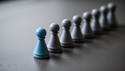 Blue pawn stands out among gray game pieces, symbolizing uniqueness and individuality in a competitive environment