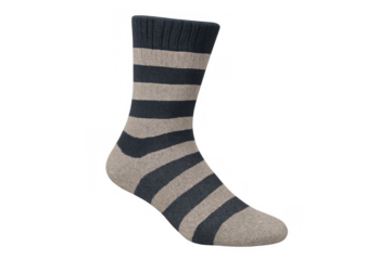 Striped knit sock in beige and dark blue for warmth and comfort, seasonal apparel for feet, transparent background