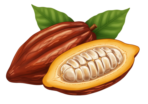 Illustration of Cocoa Beans with Pod Cut Open and Green Leaves