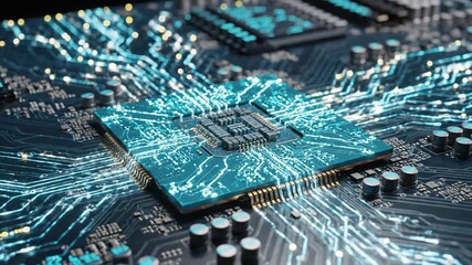 Closeup of a futuristic computer processor with glowing blue light trails representing data flow and digital information processing on a circuit board symbolizing advanced technology artificial intel. - Powered by Adobe
