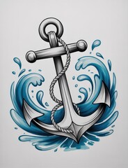 Anchor with rope and waves drawing, nautical theme illustration for tattoo or logo design art